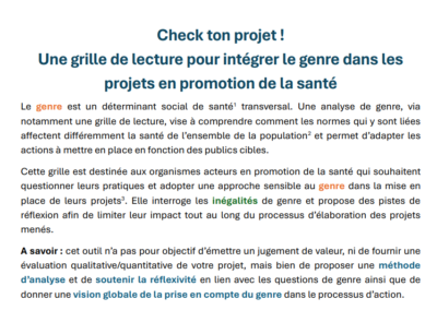 Check ton Projet ! Une grille de lecture pour intégrer le genre dans les projets en promotion de la santé
