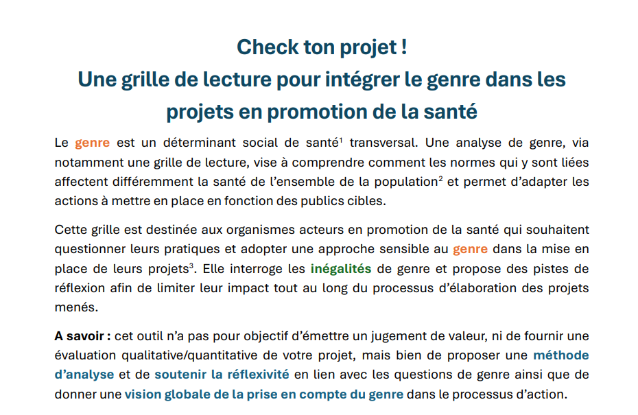 Check ton Projet ! Une grille de lecture pour intégrer le genre dans les projets en promotion de la santé
